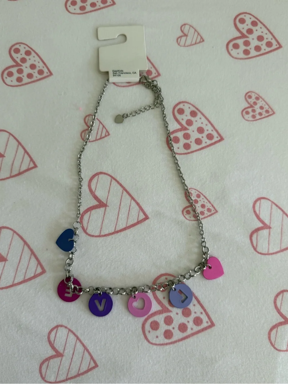 GAP Silver Tone  Adjustable LOVE Necklace with Pink, Purple & Blue Charms NWT